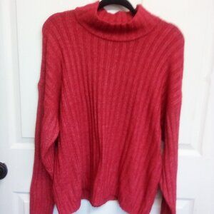 Cropped Ladies XXL Red cable knit sweater, Mock Turtle Neck.